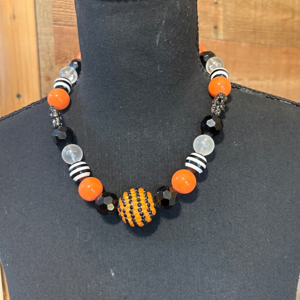 Beetlejuice Inspired Chunky Bubblegum Bead‎ Necklace Orange Black White Skulls
